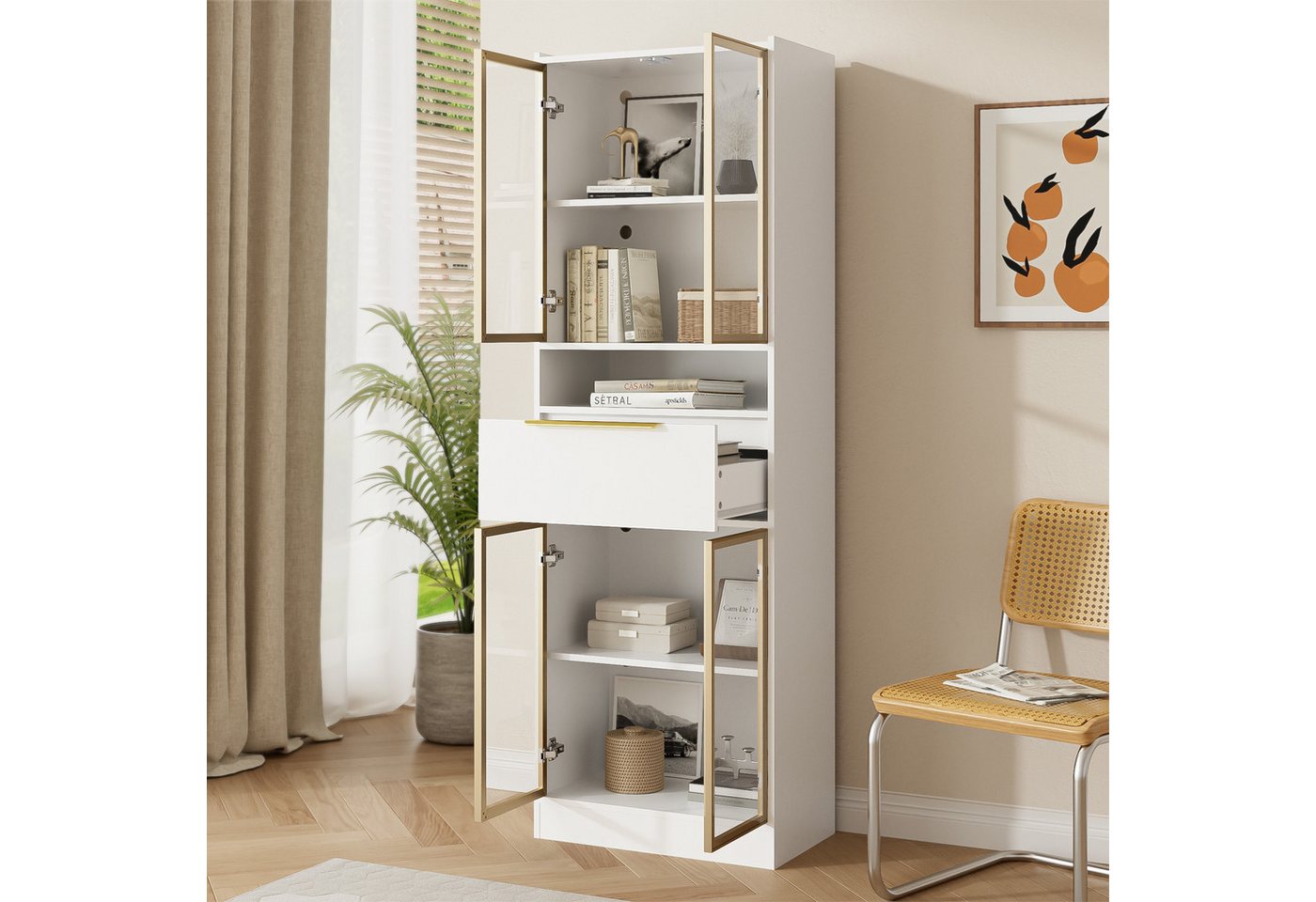 HAUSS SPOLE Vitrine Hochschrank mit 16-Farb-LED & Bluetooth, Glasfront & Schublade Weiß (Glasvitrine, Highboard, Standvitrine , 1-St., 60×35×180cm) mit 16-Farb-LED & Bluetooth von HAUSS SPOLE