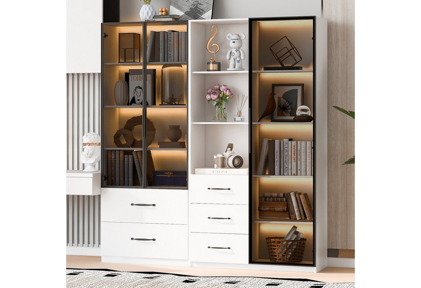 HAUSS SPOLE Vitrine LED-Vitrine,Multifunktionsschrank,mit Glas- und offenen Fächern (Set, 1-St., mit Aluminiumrahmen, Hartglastüren und sanft schließenden Scharnieren) 140 x 40 x 160 cm(L*W*H),60×40×160cm(L*W*H),	80*40*160cm(L*W*H) von HAUSS SPOLE