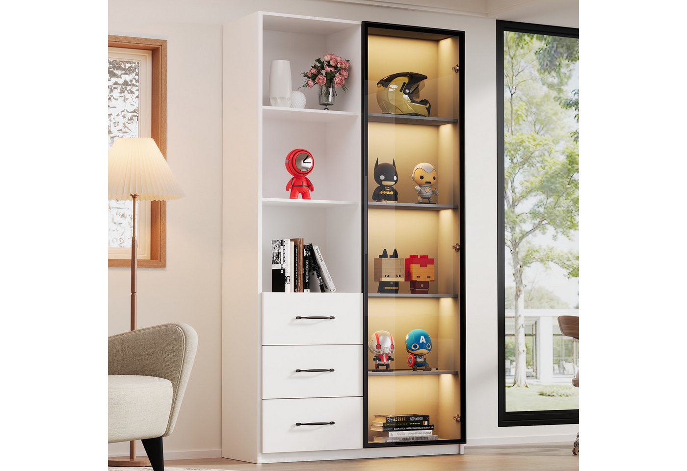 HAUSS SPOLE Vitrine LED-Vitrine,mit Tür aus gehärtetem Glas, Schubladen und offene Fächer von HAUSS SPOLE