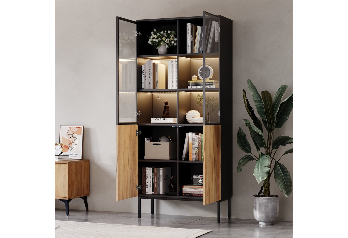 HAUSS SPOLE Vitrine mit Glastüren, LED-Leuchten, Bücherregal, 5-stöckige Glasvitrine Eiche (Hochschrank, Standvitrine, Highboard, 1-St., 5-stöckige) mit LED-Leuchten von HAUSS SPOLE