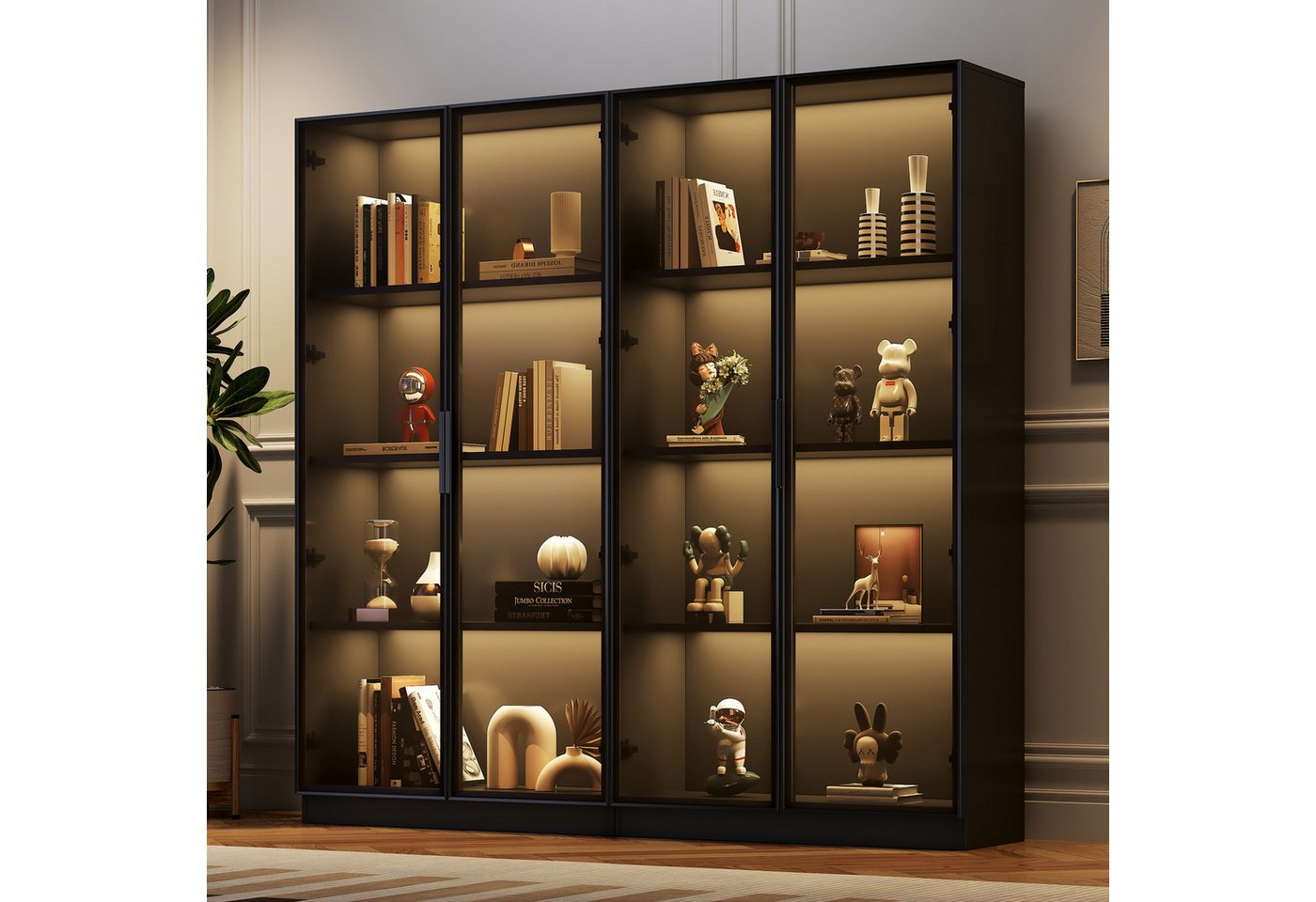 HAUSS SPOLE Vitrine mit LED-Beleuchtung, 4-türiger Lagerschrank mit Rollregalen schwarz (2-St) mit 16-farbiger LED-Beleuchtung, beweglichen Einlegeböden, 80*40*160cm von HAUSS SPOLE
