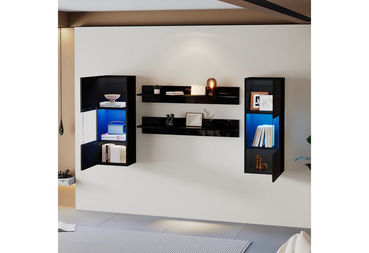 HAUSS SPOLE Wandregal 4er Set, LED-Wandschrank und 2 Regale Hochglanzoberfläche Schwarz, TV-Schrank-Set 4-tlg., Smarte APP-gesteuerte Beleuchtung, Hochglanzoberfläche von HAUSS SPOLE