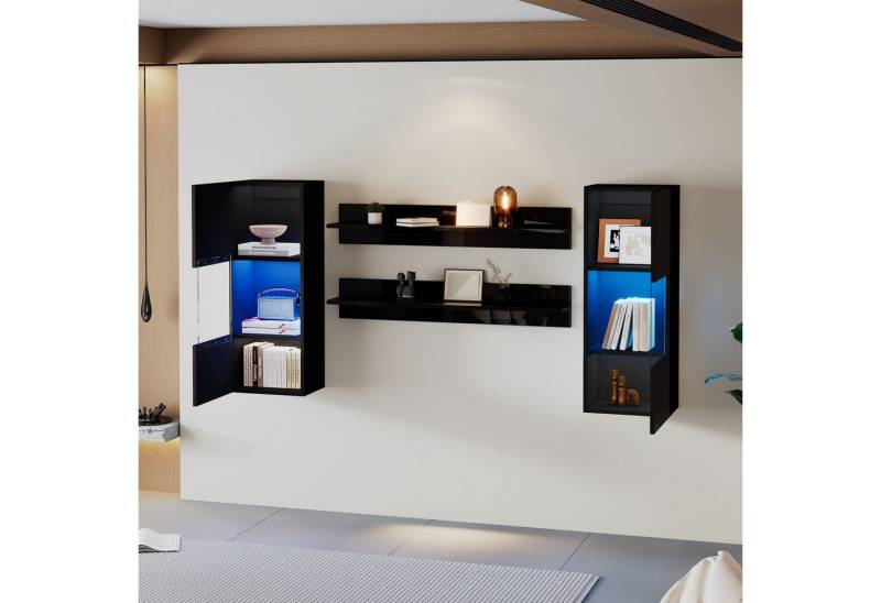 HAUSS SPOLE Wandregal 4er Set, LED-Wandschrank und 2 Regale Hochglanzoberfläche Schwarz, TV-Schrank-Set 4-tlg., Smarte APP-gesteuerte Beleuchtung, Hochglanzoberfläche von HAUSS SPOLE