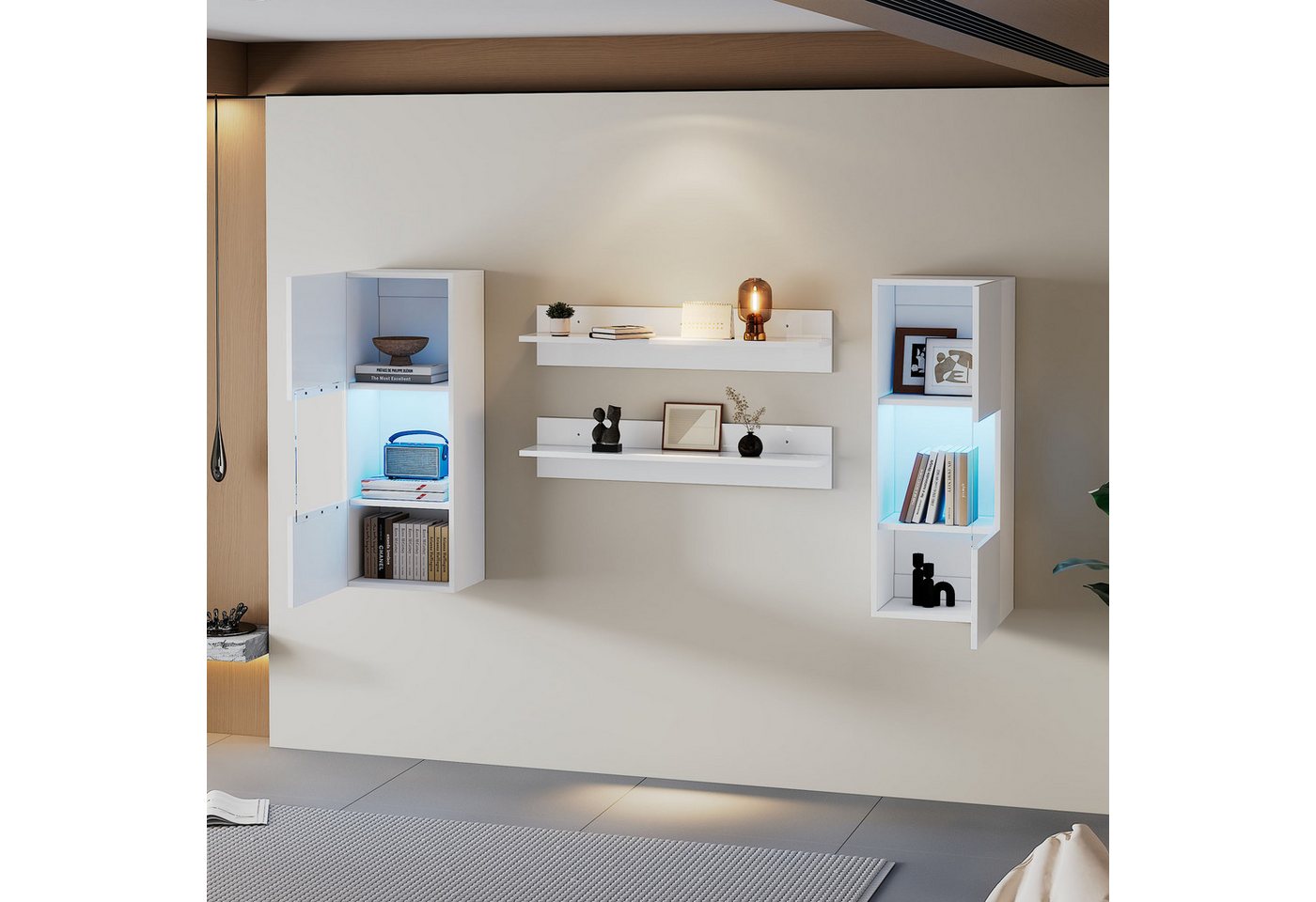 HAUSS SPOLE Wandregal 4er Set, LED-Wandschrank und 2 Regale Hochglanzoberfläche Weiß, TV-Schrank-Set 4-tlg., Smarte APP-gesteuerte Beleuchtung, Hochglanzoberfläche von HAUSS SPOLE