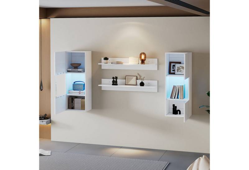 HAUSS SPOLE Wandregal 4er Set, LED-Wandschrank und 2 Regale Hochglanzoberfläche Weiß, TV-Schrank-Set 4-tlg., Smarte APP-gesteuerte Beleuchtung, Hochglanzoberfläche von HAUSS SPOLE