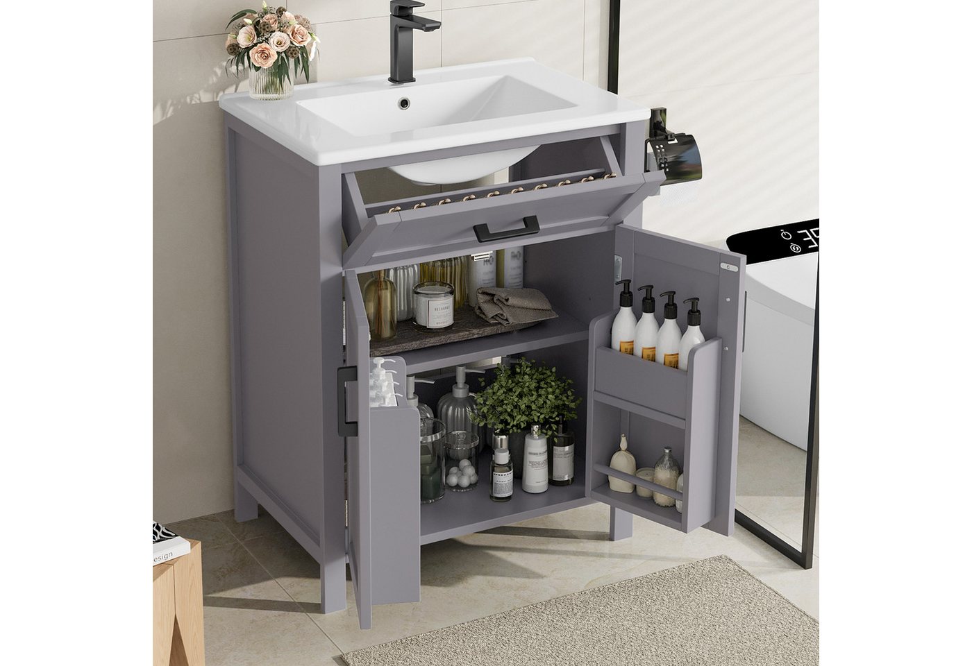 HAUSS SPOLE Waschbeckenschrank mit Klappschublade,Stehender Badezimmerschrank mit Keramik Waschbeck (60 x 46 x 84,8 cm Freistehender Badezimmerschrank mit integriertem Keramikwaschbecken, umkehrbarer Schublade, verstellbaren Regalen & Doppeltürregalen) mit Waschbecken HAUSS SPOLE Waschbeckenschrank mit Klappschublade,Stehender Badezimmerschrank mit Keramik Waschbeck (60 x 46 x 84,8 cm Freistehender Badezimmerschrank mit integriertem Keramikwaschbecken, umkehrbarer Schublade, verstellbaren Regalen & Doppeltürregalen) mit Waschbecken von HAUSS SPOLE