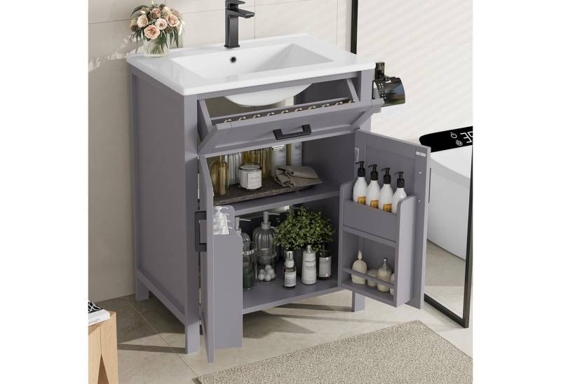 HAUSS SPOLE Waschbeckenschrank mit Klappschublade,Stehender Badezimmerschrank mit Keramik Waschbeck (60 x 46 x 84,8 cm Freistehender Badezimmerschrank mit integriertem Keramikwaschbecken, umkehrbarer Schublade, verstellbaren Regalen & Doppeltürregalen) mit Waschbecken von HAUSS SPOLE