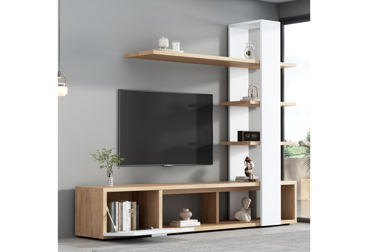 HAUSS SPOLE Wohnwand Wohnzimmermöbel-Set für Fernseher unter 60 Zoll, TV-Schrank, weiß, (Eichenweiß TV-Schrank,Lowboard,TV Wohnwand Set,Wohnzimmer Möbel Set, 1-St., 180* 33,5*151,5 cm), geeignet für Fernseher unter 60 Zoll von HAUSS SPOLE