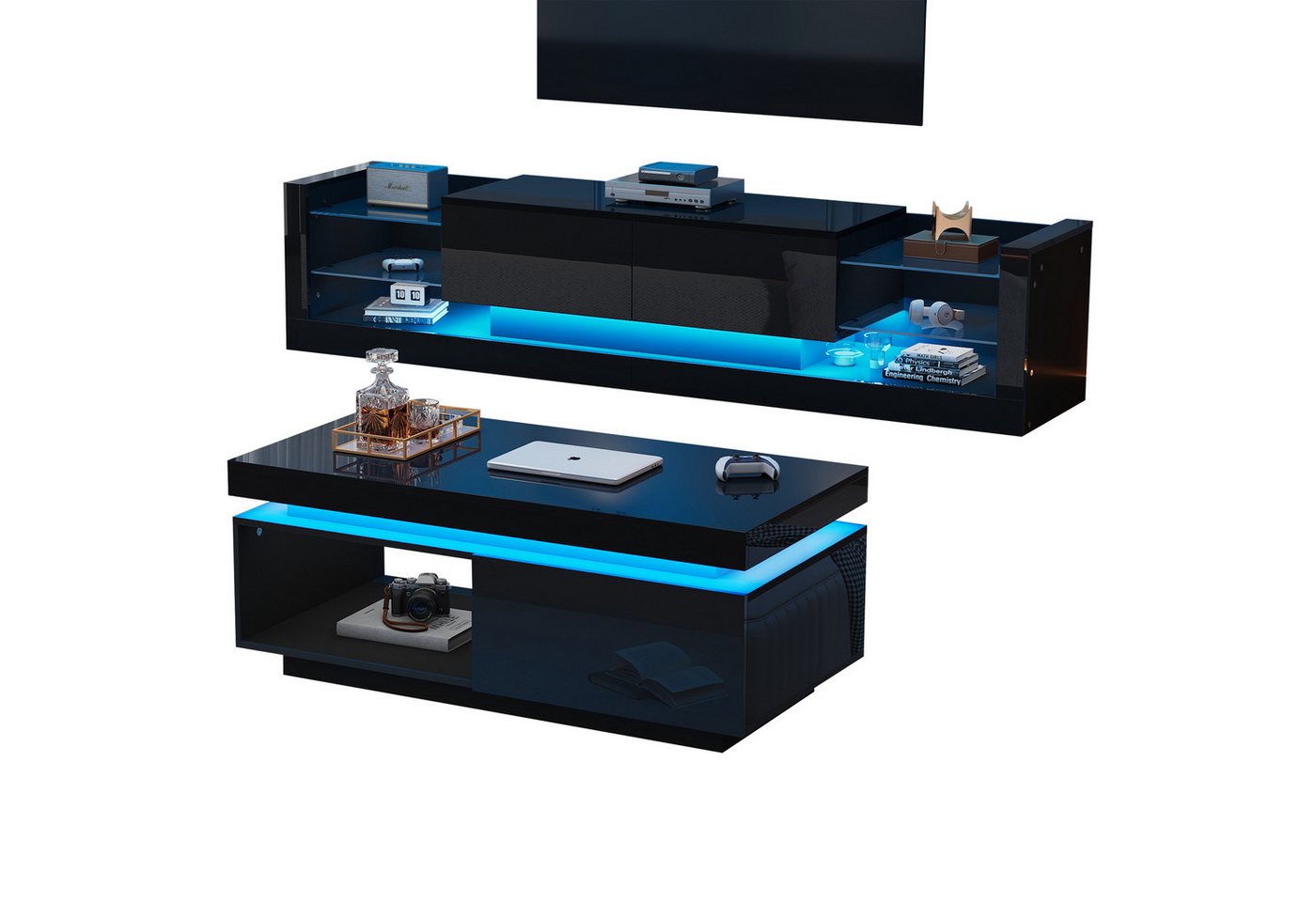 HAUSS SPOLE Wohnzimmer-Set Hochglanz TV-Wandschrank + Couchtisch, Set mit LED-Leuchten schwarz, (Wohnzimmer-Wand-Set, 2-St., 100x50x40cm Couchtisch, 181*38*38cm TV-Schrank), mit LED-Beleuchtung von HAUSS SPOLE