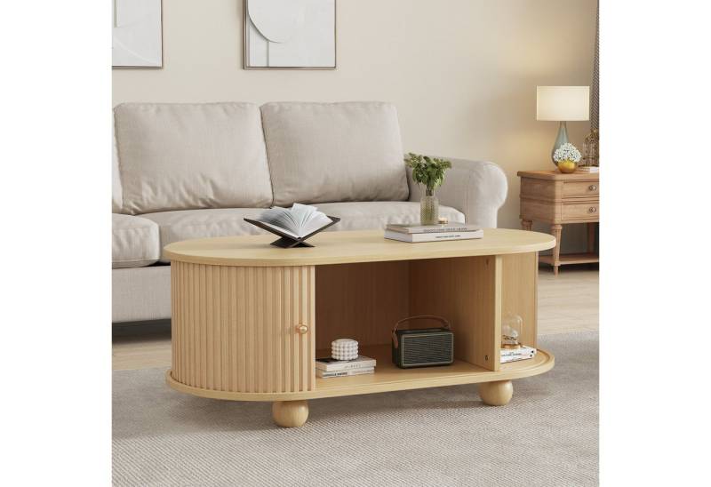 HAUSS SPOLE Wohnzimmer-Set TV-Schrank mit Stauraum, Couchtisch, ovale Kombination MDF Holzfarbe, (ovale Kombination in Originalholzfarbe, Fernsehtisch, TV-Ständer, 2-St., zentrale Doppelschublade, natürliche Textur), mit Beidseitig geschwungene, vertikal geprägte Schiebetür von HAUSS SPOLE