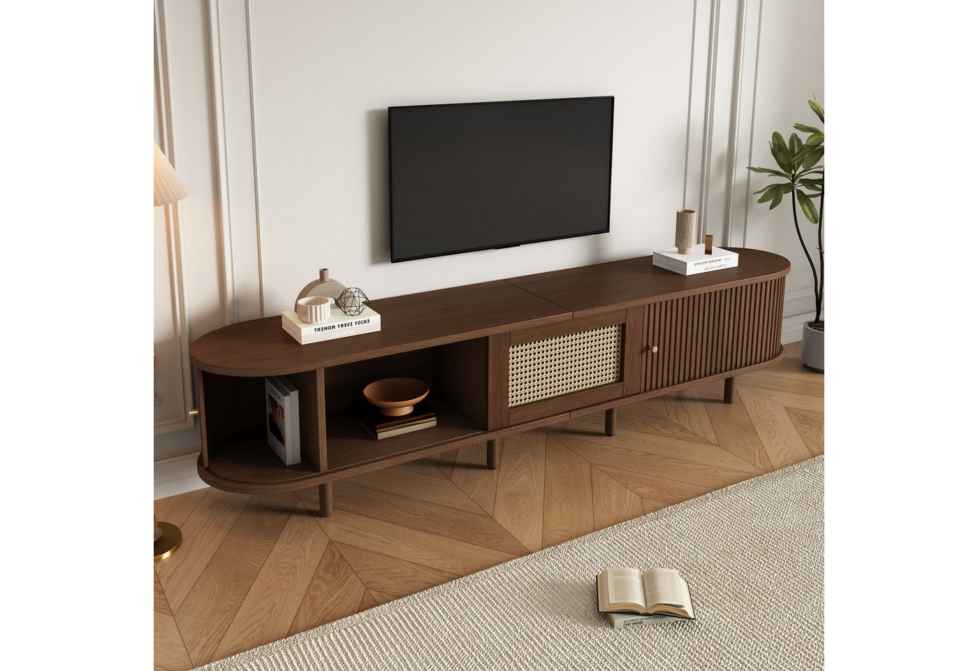 HAUSS SPOLE Wohnzimmer-Set TV-Ständer Rattan-Design aus MDF-Design, verstellbare Füße, Nussbaum, (Fernsehschrank, Fernsehtisch,TV-Board,TV-Ständer, Wohnzimmermöbel, 1-St., 2 Schiebetür, 1 Schublade), Rattan-Design, mit verstellbare Füße von HAUSS SPOLE