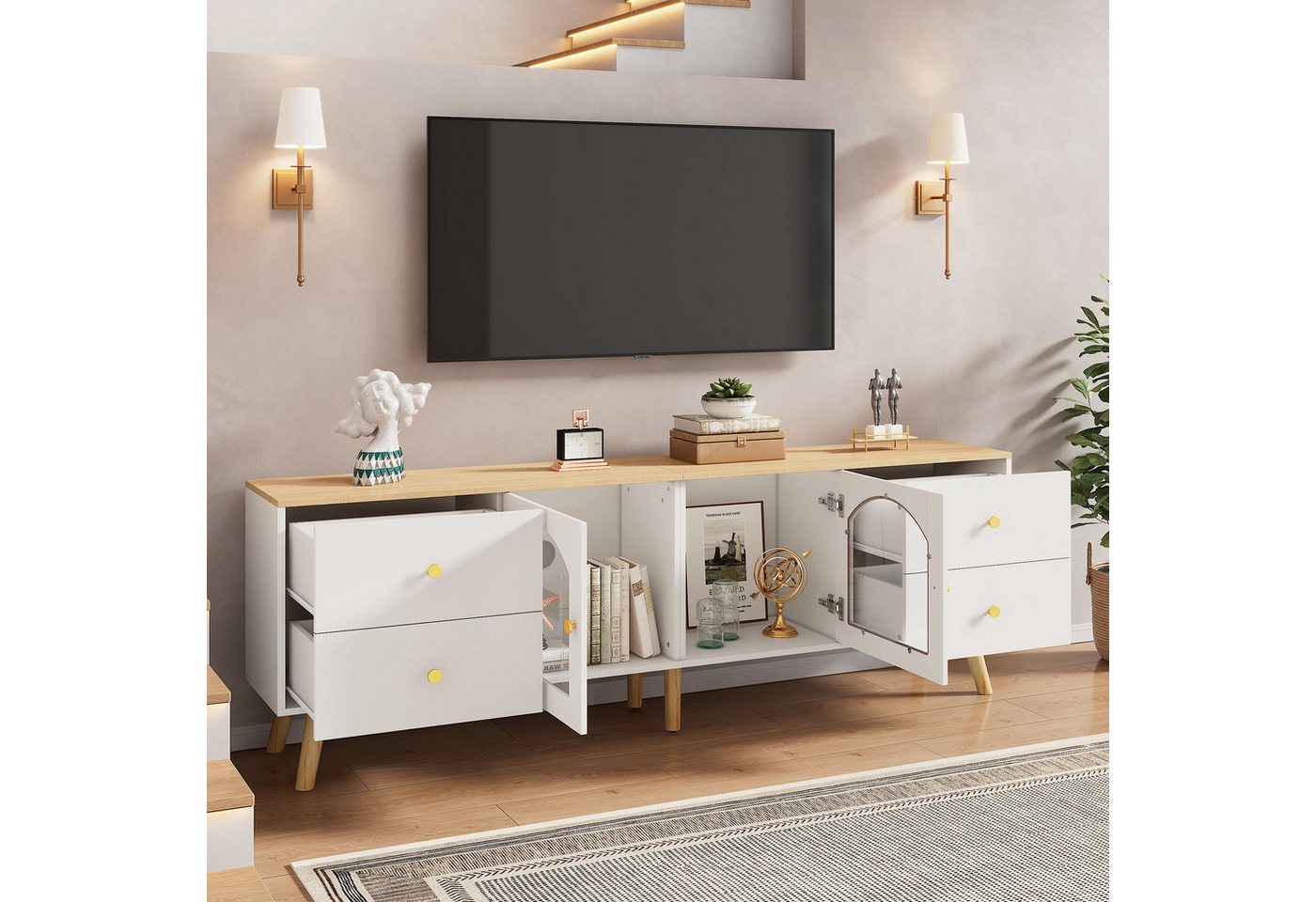HAUSS SPOLE Wohnzimmer-Set Wohnzimmergarnitur mit 1 Couchtisch, 2 Sideboard, 1 TV-Ständer Weiß, (Wohnzimmermöbel, Möbelset, 4-St., Massivholzbeinen), 1 wolkenförmiger Couchtisch, 2 Anrichten aus Holz, 1 TV-Ständer von HAUSS SPOLE