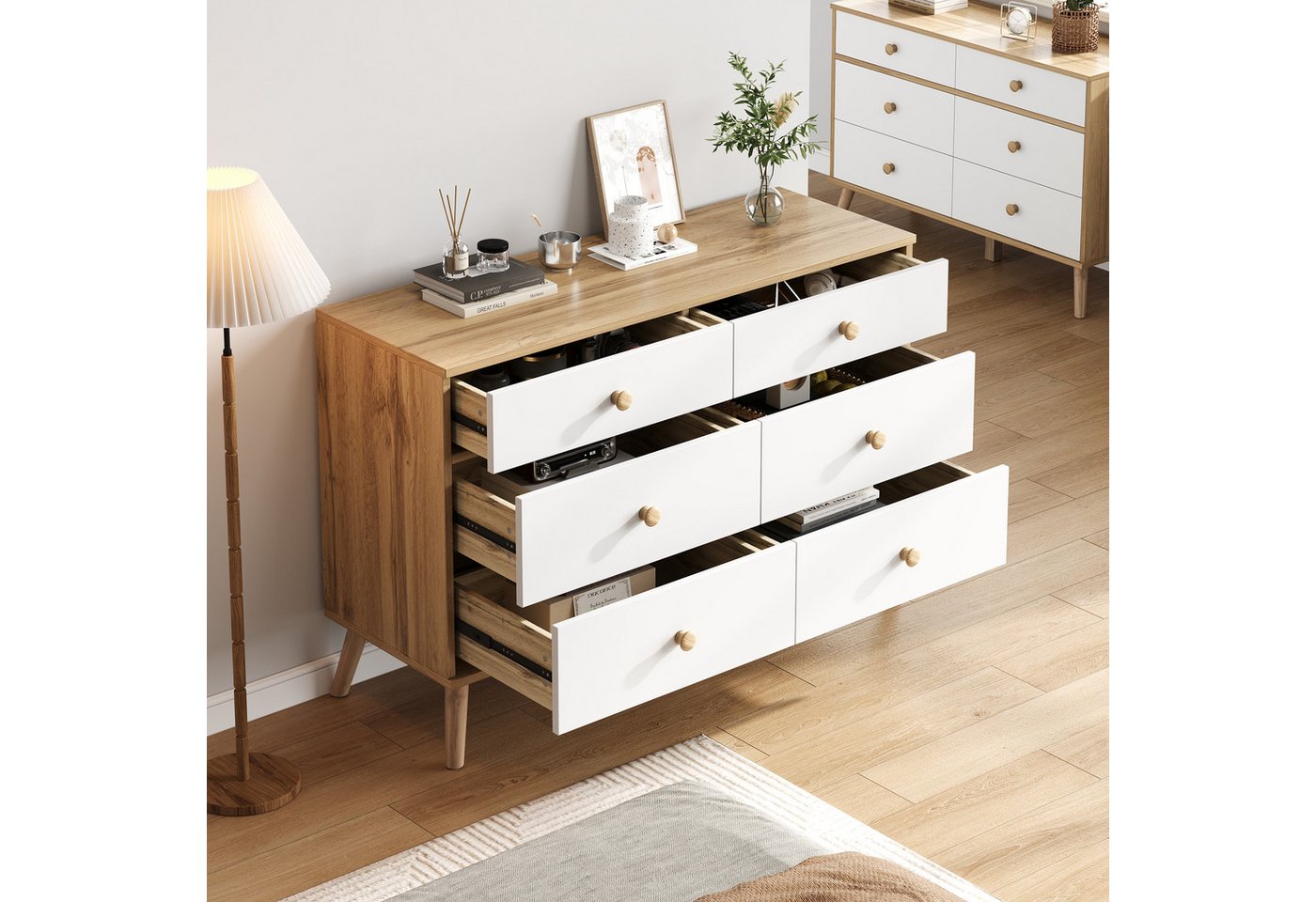 HAUSS SPOLE Wohnzimmer-Set mit 6 schubladen für Wohnzimmer, Schlafzimmer, Büro, Flur Holzfarbe, (Kommode, Anrichte, Wohnzimmerschrank, 1-St., mit 6 schubladen), Leicht zu montieren von HAUSS SPOLE