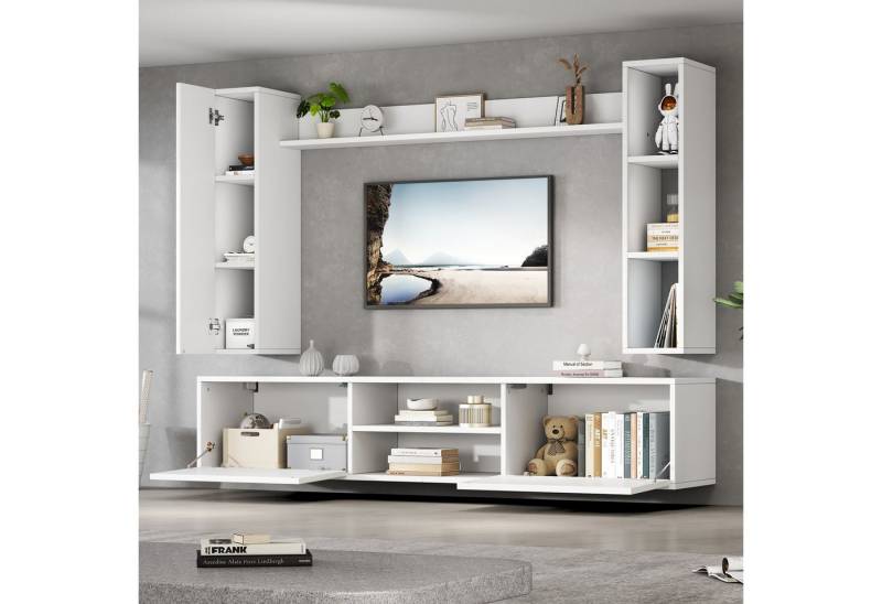 HAUSS SPOLE Wohnzimmer-Set mit Vitrinen,Wohnwand-set Wohnzimmer-Set mit Wandregal&TV-Schrank, (Wohnzimmermöbel-Set, 4-St., TV-Board, Standregal und Wandregal), stehend oder hängend,TV bis 80 Zoll von HAUSS SPOLE
