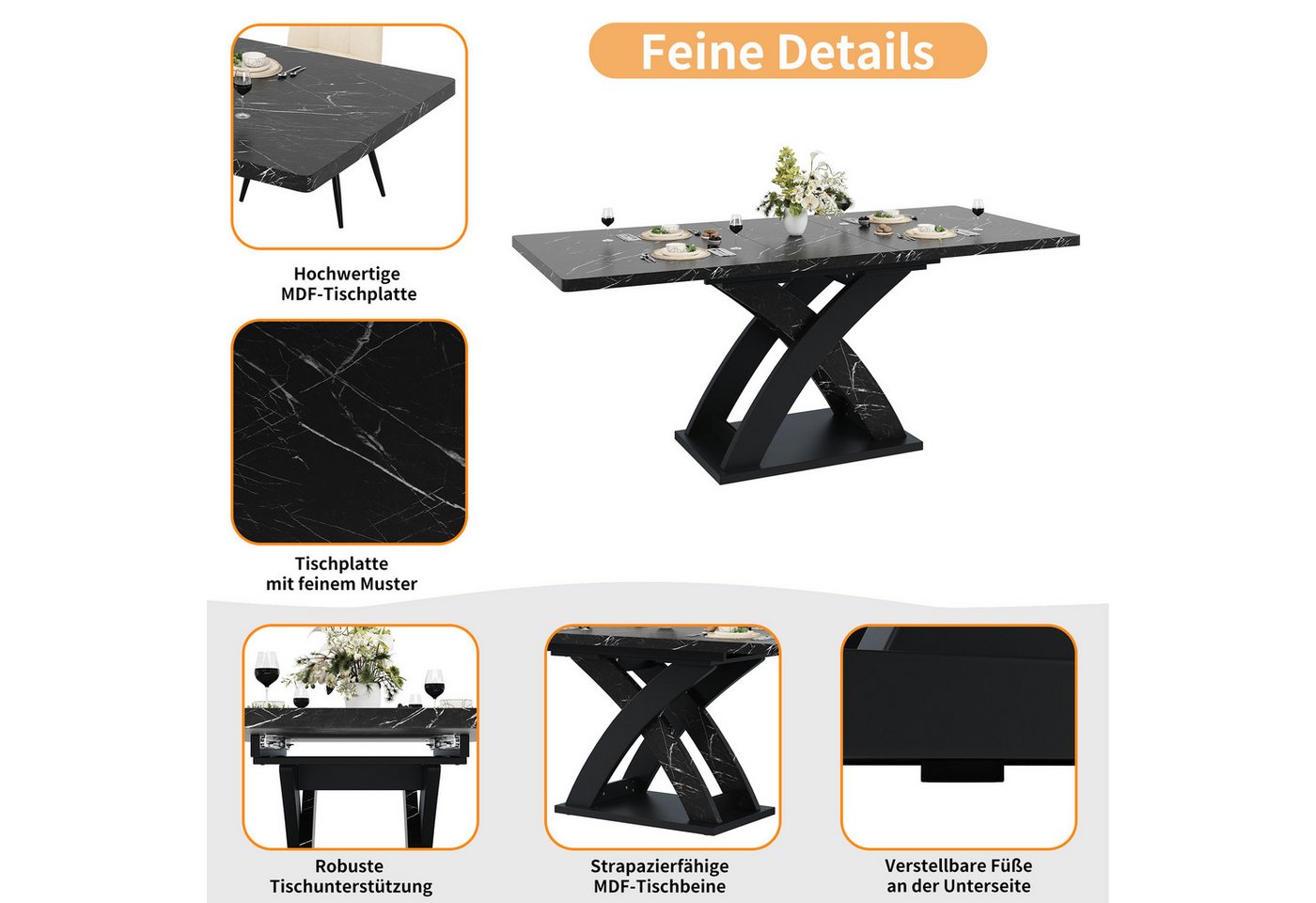 HAUSS SPOLE Wohnzimmer-Set mit X-Beine,Küchentisch Wohnzimmertisch ausziehbar für 6 Personen, (Ausziehbarer Esstisch 120–160 cm – Stabilität und Eleganz Schwarz, 1-St., Aufgeklappt:120x80x75cm Zusammengeklappt:160x80x75cm) HAUSS SPOLE Wohnzimmer-Set mit X-Beine,Küchentisch Wohnzimmertisch ausziehbar für 6 Personen, (Ausziehbarer Esstisch 120–160 cm – Stabilität und Eleganz Schwarz, 1-St., Aufgeklappt:120x80x75cm Zusammengeklappt:160x80x75cm) von HAUSS SPOLE