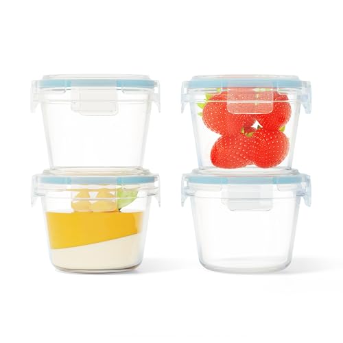 HAUSVIVO Glasbehälter mit Deckel 120ml Frischhaltedosen Rund aus Borosilikatglas – 4er Set Auslaufsicher & BPA-frei – Babybrei Behälter, Joghurt, Saucen, Pudding – Mikrowellen- & Gefriergeeignet von HAUSVIVO