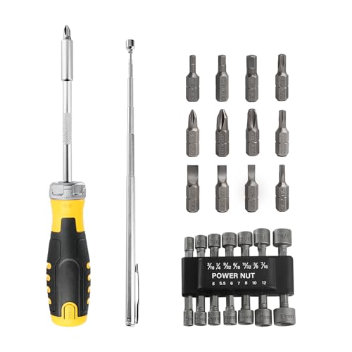 HAUTMEC Magnetisches Ratschen-Schraubendreher-Set, Multi-Bit-Schraubendreher-Set inklusive CRV-Schraubendreher-Bits, Muttern-Schraubendreher-Set und Teleskop-Magnet-Tonabnehmer-Werkzeug für Heimwerker von HAUTMEC