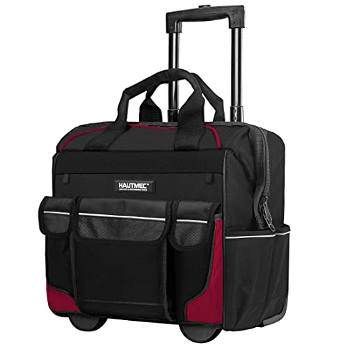HAUTMEC Werkzeugtasche Mit Rollen, Strapazierfähige Werkzeugkoffer, Große Öffnung,Robuster Teleskopgriff, Maße: 37 x 29 x 40 cm （Rot）HT0179 von HAUTMEC