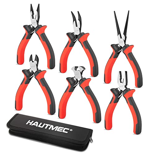 Hautmec 6pcs Mini Zange Set Hochhebel -Werkzeug -Set mit Mini -Nadel -Nasenzange, Linienzange, lange Nasenzange, gebogene Nasenzange, diagonale Schneider, Endabschneidzange HT0275 von HAUTMEC
