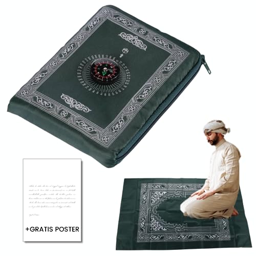 HAVA Artwork Gebetsteppich to go mit Kompass + Geschenk, namazlik, Pocket Prayer mat, Praying mat Muslim, Salah mat, Reise gebetsteppich, Gebets-Poster Gratis dazu (Dunkelgrün) von HAVA Artwork