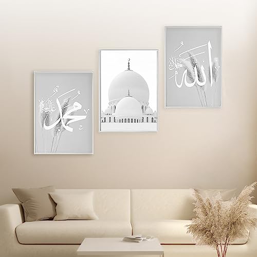 HAVA Artwork Grey Mosque Poster Set, Islamische Poster, Islamische Bilder, Islamische Dekoration, Islamische Geschenke, Bilderrahmen, Allah Wandbild von HAVA Artwork