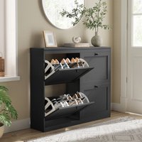 Schuhschrank HavenlyHome, 4 Türen, verstellbare Trennwände, Doppelfach, 16 bis 24 Paar, für Flur, Eingangsbereich, B105xT24xH83 cm, Schwarz Schuhschrank HavenlyHome, 4 Türen, verstellbare Trennwände, Doppelfach, 16 bis 24 Paar, für Flur, Eingangsbereich, B105xT24xH83 cm, Schwarz von HAVENLYHOME