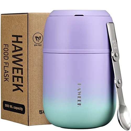 HAWEEK Isolierter Lebensmittelbehälter 17oz Suppen-Thermoskanne für heiße Speisen Erwachsene, Edelstahl Vakuum Lunchbox mit Klapplöffel, Büro, Outdoor von HAWEEK