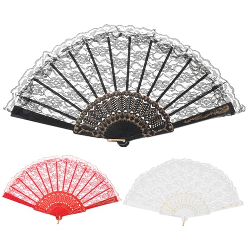 HAWILLOSCH 3 Stück Handgefertigter Spitzenfächer Faltbare Handfächer für Tanz Hochzeiten und Partys Tragbare Ventilatoren Schwarz Rot und Weiß von HAWILLOSCH