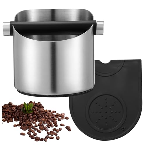 HAWILLOSCH Edelstahl Kaffee Klopfbox mit Abnehmbarem Klopfstab und Rutschfester Rutsch Matte Kaffeeabklopfbehälter für Siebträger Praktisches Zubehör für Restaurant Bar und Zuhause von HAWILLOSCH