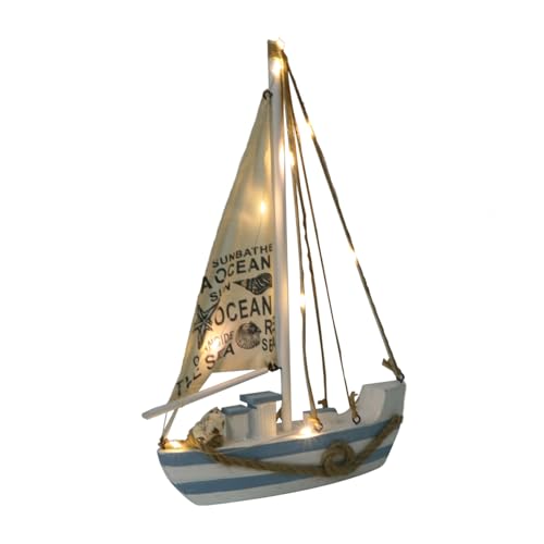 HAWILLOSCH Mediterranes LED Segelboot aus Holz Dekoratives Segelboot Modell mit Stilvoller Tischdekoration Stabiles Material Geeignet für Wohnzimmer Schlafzimmer Büro und Fotorequisiten ohne von HAWILLOSCH
