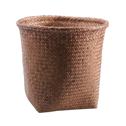 HAWILLOSCH Runder Papierkorb aus Strohgeflecht Mittelgroß Dekorativer Aufbewahrungskorb für Büro Wohnraum Badezimmer Offenes Design Sicherer Abfallbehälter Vielseitig Nutzbar von HAWILLOSCH