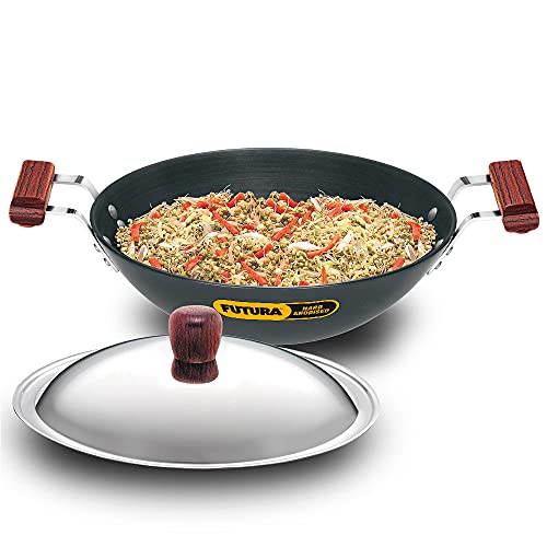 Futura Hard eloxiert deep-fry Pan (Kadhai) mit Stahl Deckel und flacher Boden von HAWKINS