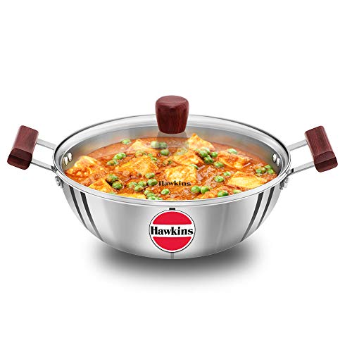 Hawkins Tri-Ply Edelstahl Induktion kompatibel Deep Kadhai (Frittierpfanne) mit Glasdeckel, Fassungsvermögen 4 Liter, Durchmesser 28 cm, Dicke 3 mm, Silber (SSK40G) von HAWKINS