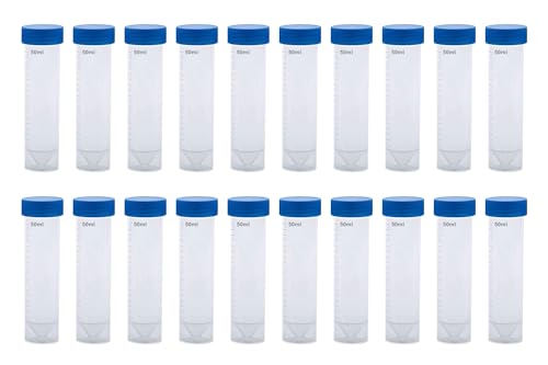 HAXIHA 20 Stück 50ML Blau Probenröhrchen,Kunststoff Zentrifugenröhrchen, Mit Schraubverschluss und Abgestuften Probenbehälter,Reagenzglasprobe Kryoröhrchen für Labor Experimente, Konische +Flachboden von HAXIHA