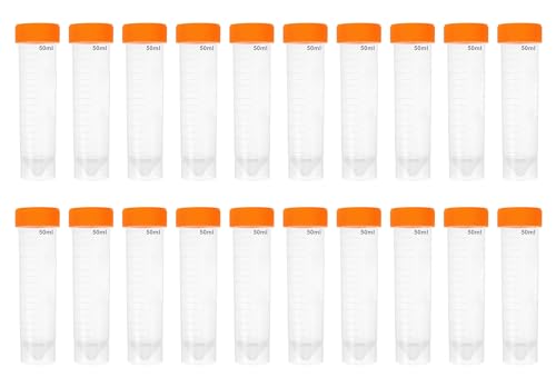 HAXIHA 20Stück 50ML Orange Probenröhrchen,Kunststoff Zentrifugenröhrchen,Mit Schraubverschluss und Abgestuften Probenbehälter,Reagenzglasprobe Kryoröhrchen für Labor Experimente,Konische+Flachboden von HAXIHA
