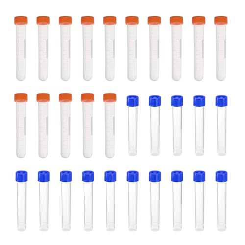 HAXIHA 30 Stück 10ML Probenröhrchen,Kunststoff Markiert Röhrchen,Mit Schraubverschluss und Abgestuften Probenbehälter,Reagenzglasprobe Kryoröhrchen für Labor Experimente Orange+Blau von HAXIHA