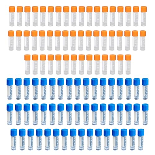 HAXIHA 100 Stück 1,8 ML Probenröhrchen,Kunststoff Markiert Röhrchen,Mit Schraubverschluss und Abgestuften Probenbehälter,Reagenzglasprobe Kryoröhrchen für Labor Experimente Orange+ Blau von HAXIHA