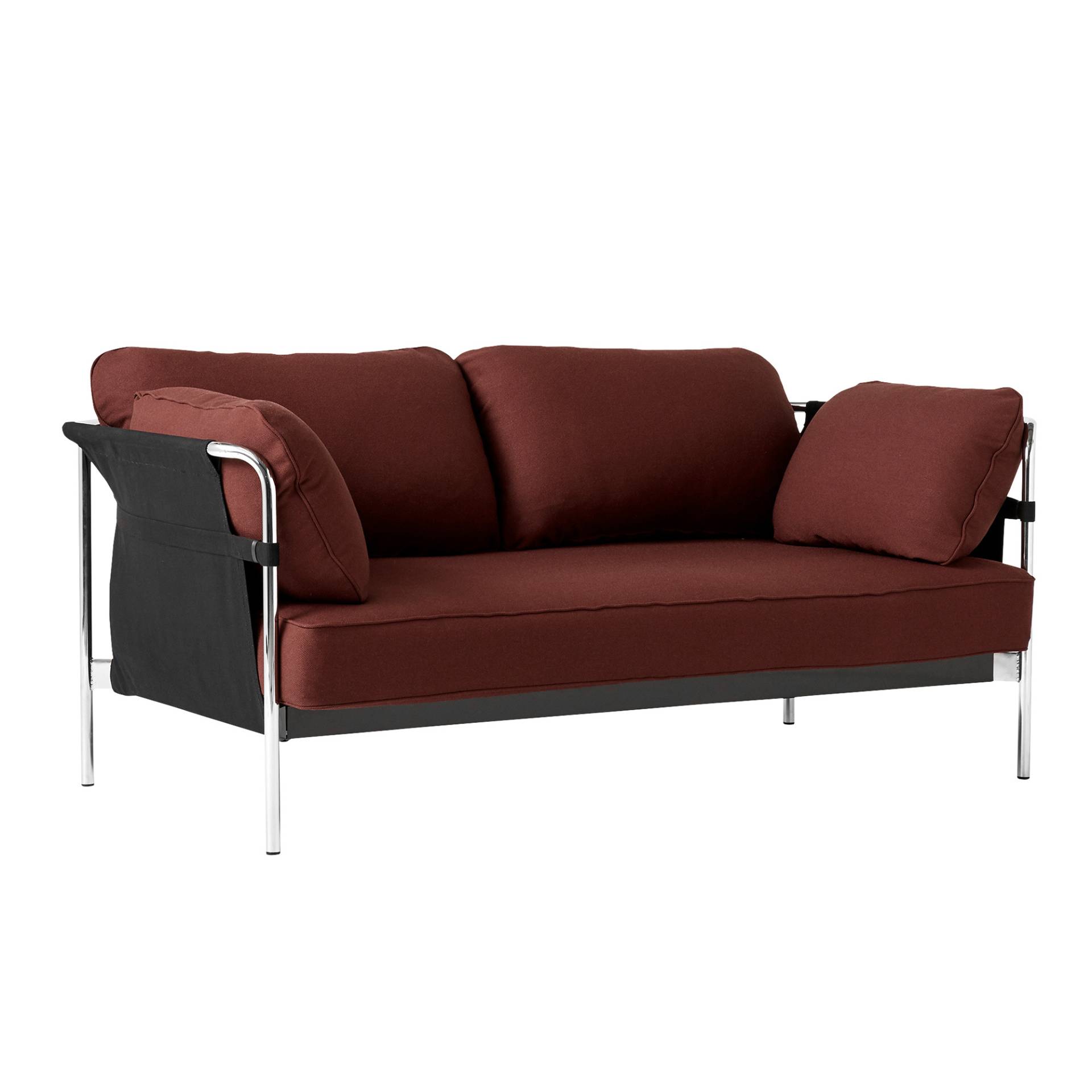 HAY - Can 2.0 2-Sitzer Sofa Gestell Stahl verchromt - dunkelrot/Stoff Kvadrat Steelcut 655/Außenstoff Black Canvas/172x89x82cm/Standardgleiter von HAY
