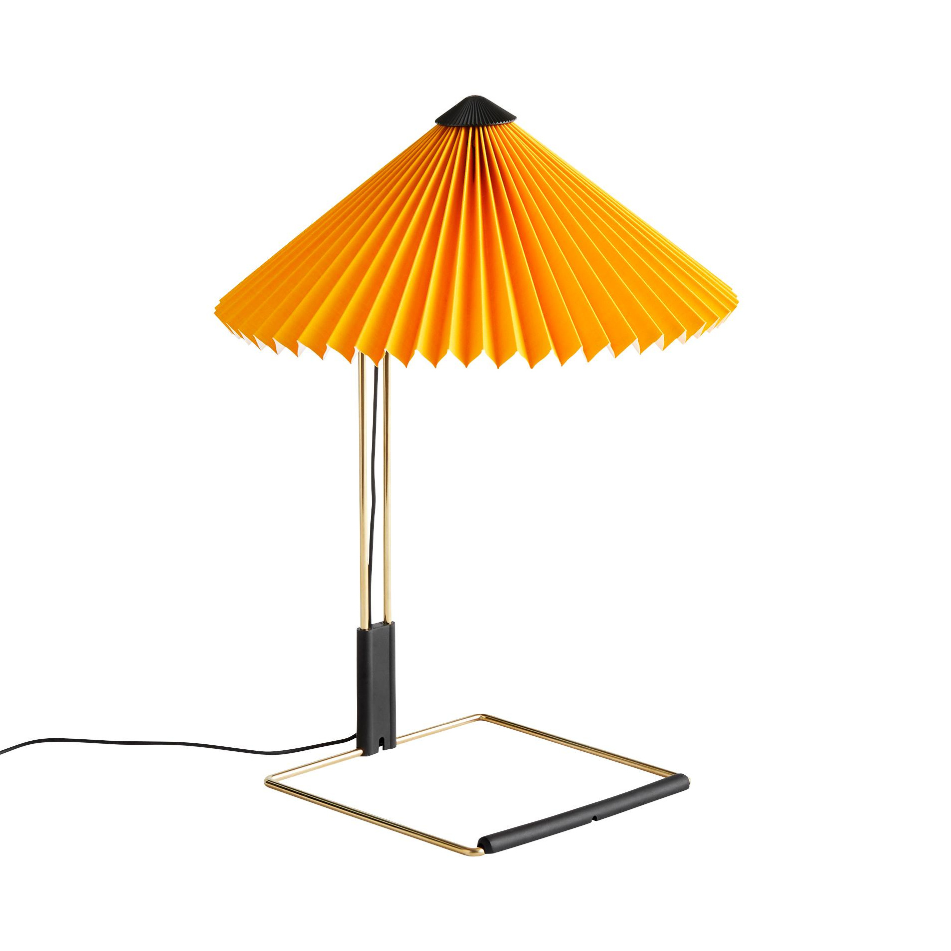 HAY - Matin LED Tischleuchte S - gelb Pantone 109 U/Baumwolle/PVC/Schirm Ø30cm/H 38cm/Fuß 17,4x17,4cm/Messing poliert/Touch-Schalter-Dimmer/LED 5W 220 von HAY