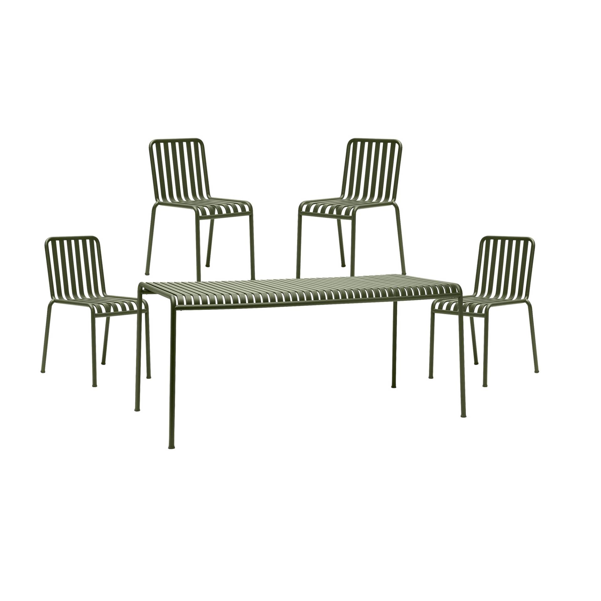 HAY - Palissade Gartenset Tisch + 4 Gartenstühle - oliv/pulverbeschichtet/LxBxH 170x90x75cm/ BxHxT 47x80x56cm von HAY