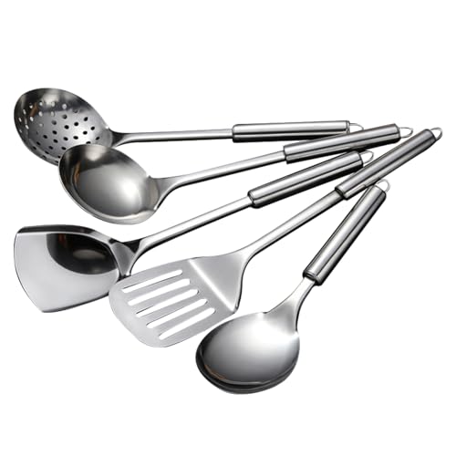 Kochutensilien-Set mit 5 Edelstahl-Küchenutensilien, Edelstahl-Kochgeschirr-Set, geschlitzter Löffel, Schlitzspatel, großer Löffel, Suppe, Spatel von HAYOMAX