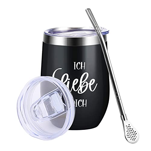 HAYOUWAY Weinbecher to go mit Gravur, Stemless Weinbecher Edelstahl mit Deckel, Doppelwandige Vakuumisoliert Edelstahl Weingläser mit Strohhalme mit Filterlöffel Kaffeebecher Travel Becher Geschenke von HAYOUWAY