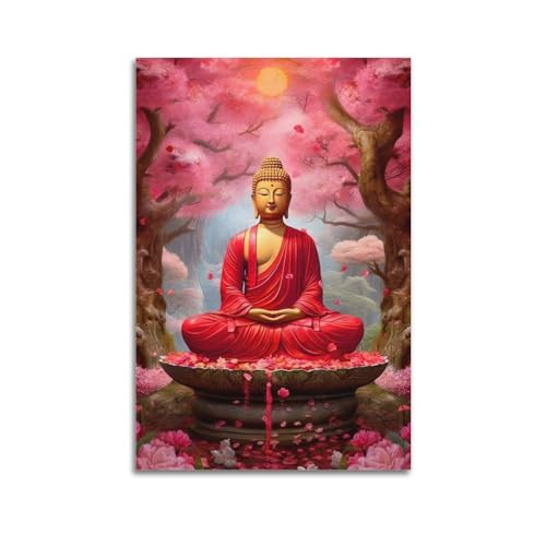 HAYZE Religiöses Kunstwerk, Poster, Buddha-Statue unter dem Kirschblütenbaum, dekorative Leinwand, Wand- und Kunstposter, Gemälde, 60 x 90 cm von HAYZE