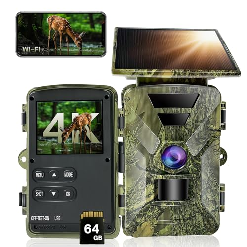 HAZA Wildkamera Solar WLAN mit Handyübertragung App,5200mAh Solarpanel Akku 4K HD Video WiFi Bluetooth wildtierkamera mit nachtsicht bewegungsmelder,64GB SD-Karte Wildcamera Outdoor IP66 Wasserdicht von HAZA