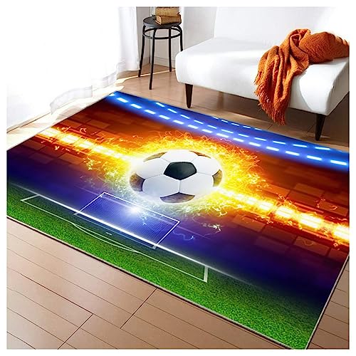 HAZARA Fußballplatz Spielteppich, Eisfeuer Fußball Bedruckt Großflächige Teppiche Sport rutschfest Spielteppich 3D Fußball Mit Flammen Bedruckten Teppichen Für Schlafzimmer(B,100x200cm/39x79in) von HAZARA