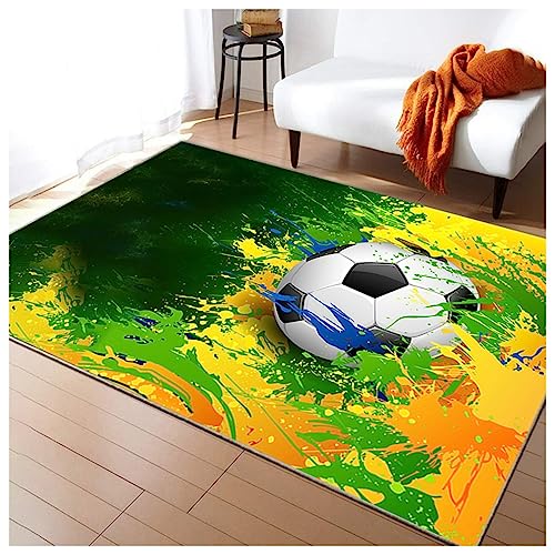 HAZARA Fußballplatz Spielteppich, Eisfeuer Fußball Bedruckt Großflächige Teppiche Sport rutschfest Spielteppich 3D Fußball Mit Flammen Bedruckten Teppichen Für Schlafzimmer(C,140x200cm/55x79in) von HAZARA