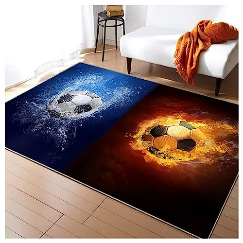 HAZARA Fußballplatz Spielteppich, Eisfeuer Fußball Bedruckt Großflächige Teppiche Sport rutschfest Spielteppich 3D Fußball Mit Flammen Bedruckten Teppichen Für Schlafzimmer(D,120x160cm/47x63in) von HAZARA