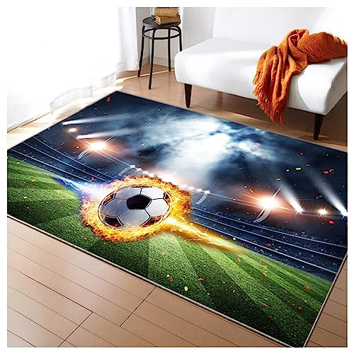 HAZARA Fußballplatz Spielteppich, Eisfeuer Fußball Bedruckt Großflächige Teppiche Sport rutschfest Spielteppich 3D Fußball Mit Flammen Bedruckten Teppichen Für Schlafzimmer(E,120x160cm/47x63in) von HAZARA