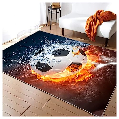 HAZARA Fußballplatz Spielteppich, Eisfeuer Fußball Bedruckt Großflächige Teppiche Sport rutschfest Spielteppich 3D Fußball Mit Flammen Bedruckten Teppichen Für Schlafzimmer(F,140x200cm/55x79in) von HAZARA