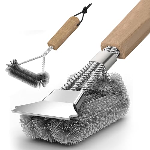 Grillbürste (2 Stück), Grill Reinigungsbürste mit Holzgriff, 39cm Grillbürste mit Edelstahl Schaber, dichte Edelstahlborsten, Dreieckig 360° Grill Drahtbürste Grillzubehör von HAZENS